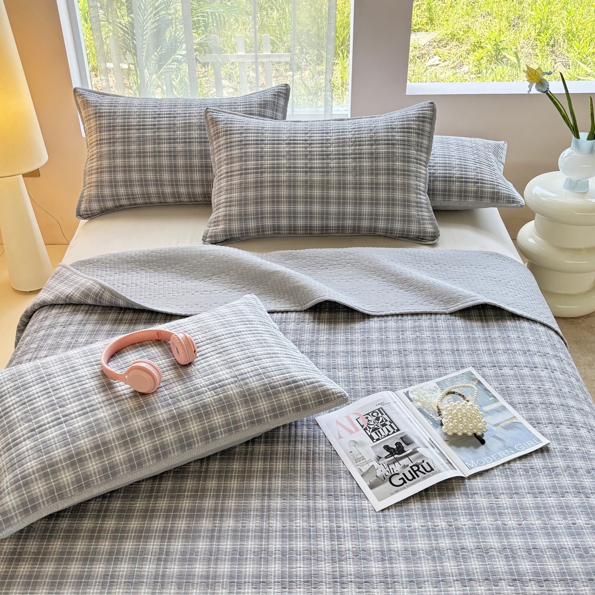 91家纺网 家纺一手货源 找家纺 金艾草 2025新款双面纯棉高温水洗床盖三件套 时光-灰