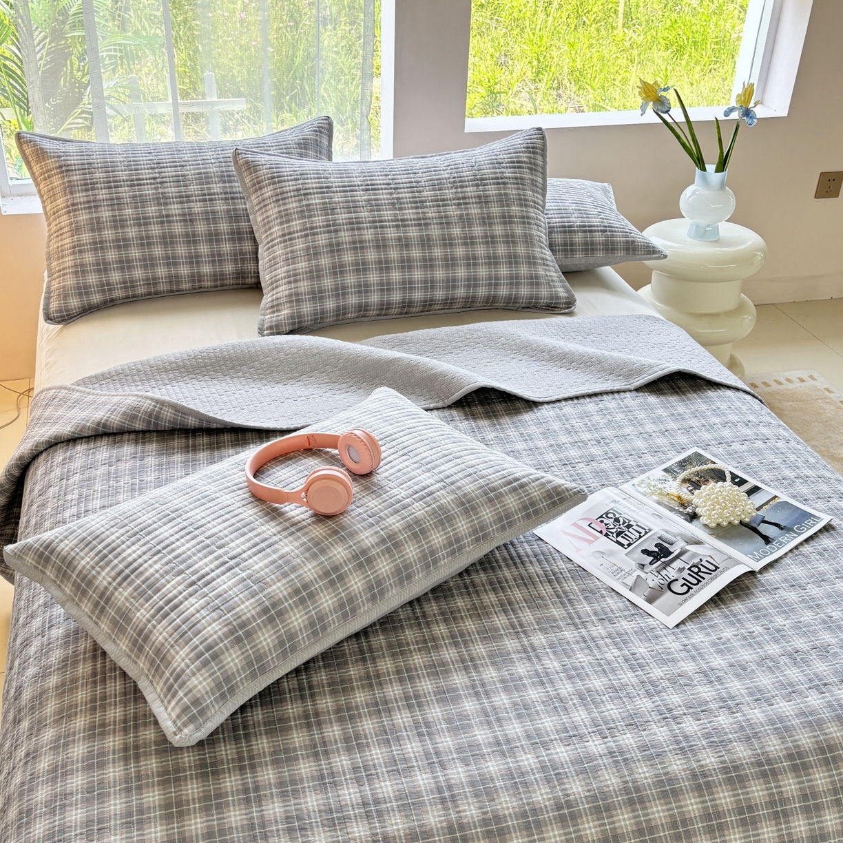 91家纺网 家纺一手货源 找家纺 金艾草 2025新款双面纯棉高温水洗床盖三件套 时光-灰