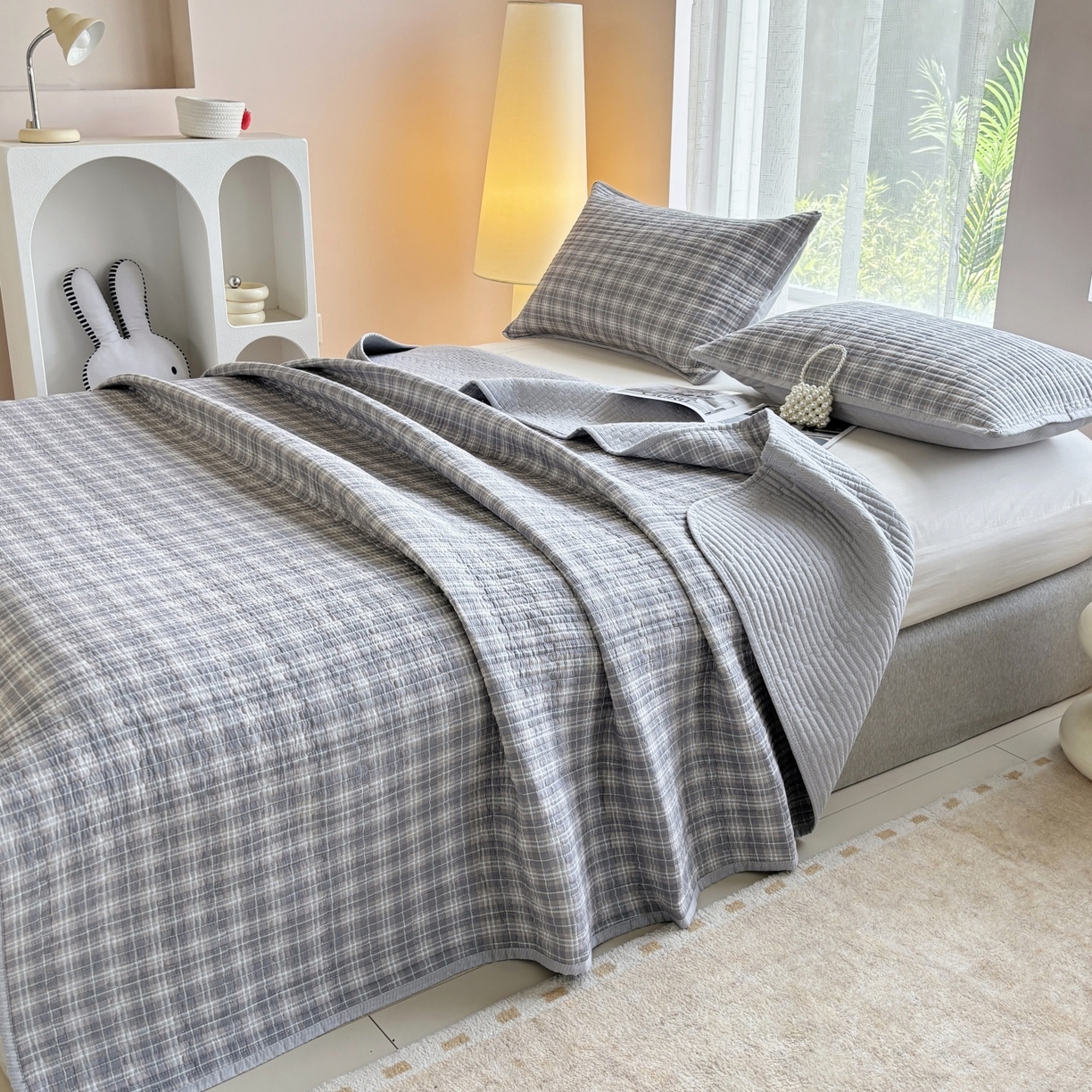 91家纺网 家纺一手货源 找家纺 金艾草 2025新款双面纯棉高温水洗床盖三件套 时光-灰