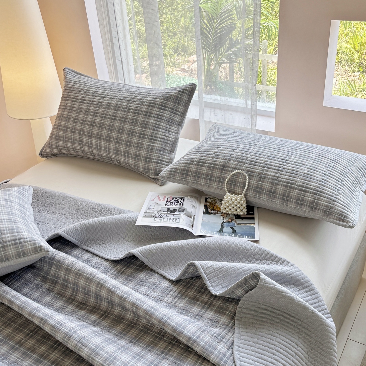 91家纺网 家纺一手货源 找家纺 金艾草 2025新款双面纯棉高温水洗床盖三件套 时光-灰