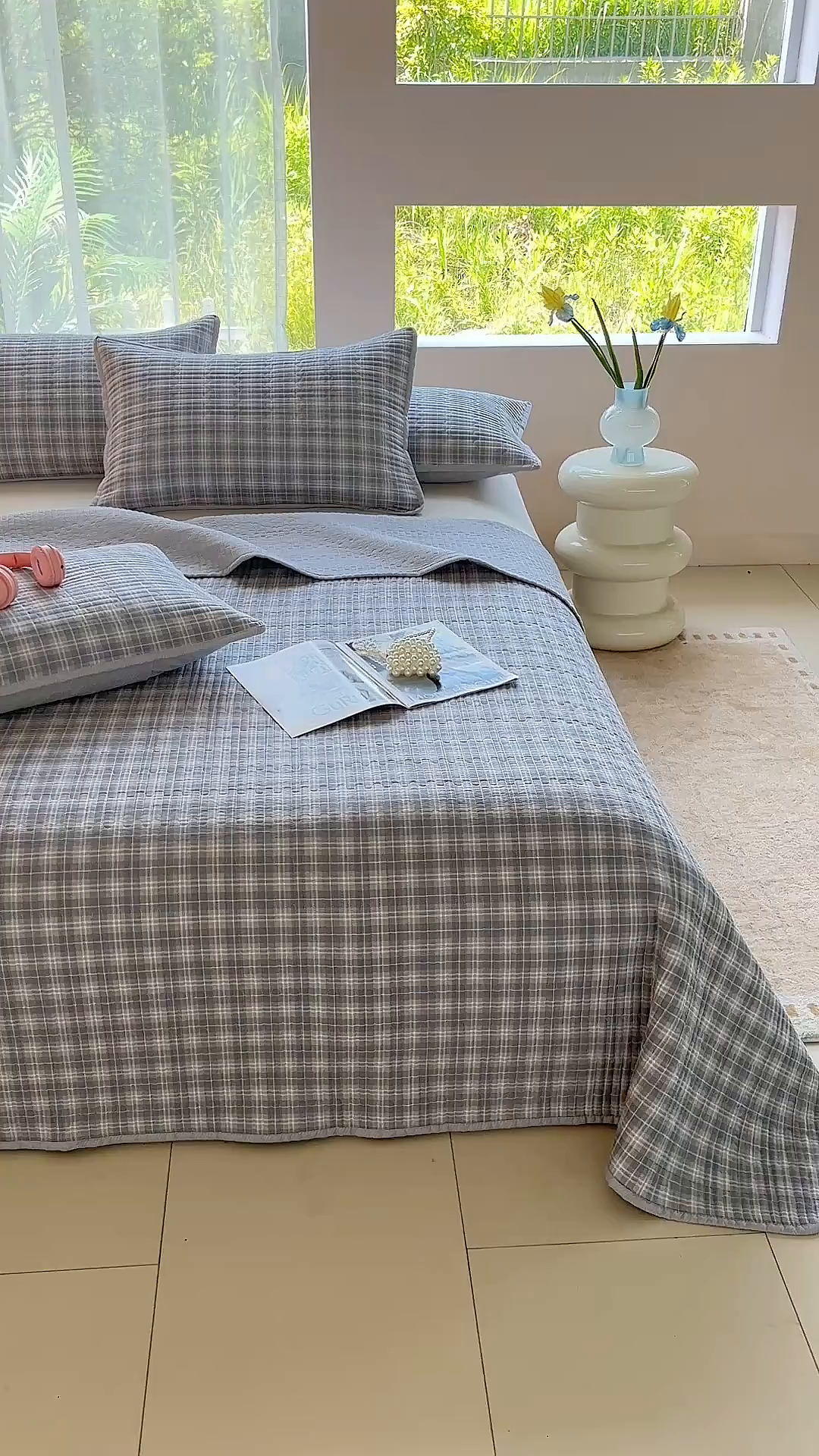 91家纺网 家纺一手货源 找家纺 金艾草 2025新款双面纯棉高温水洗床盖三件套 时光-灰