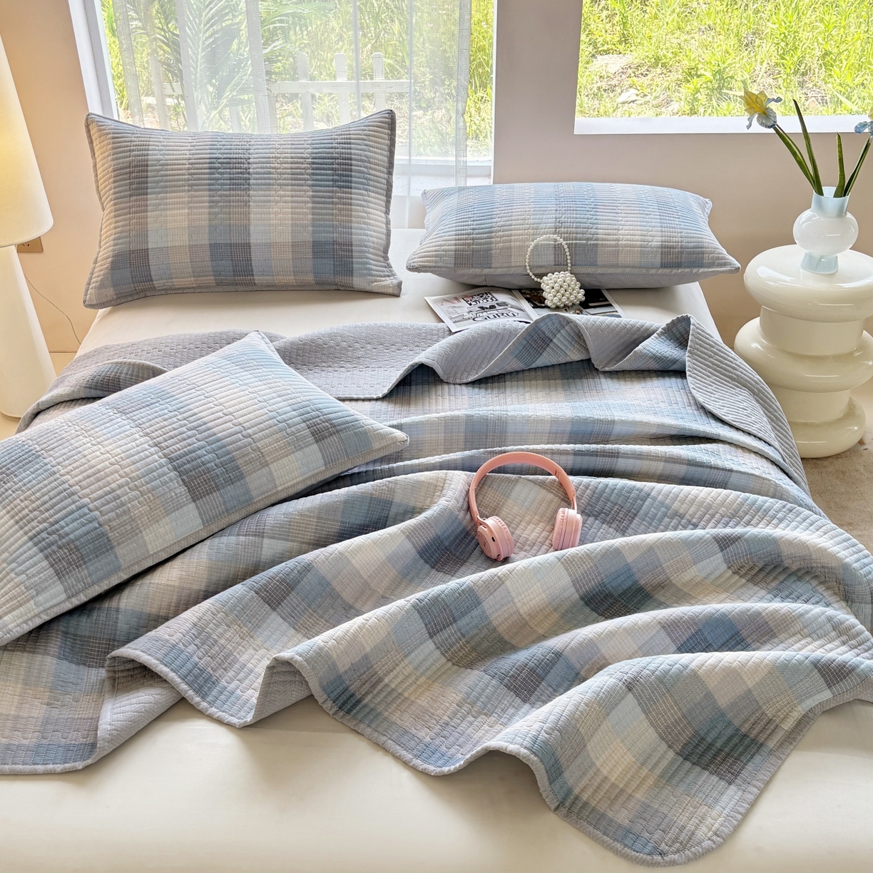 91家纺网 家纺一手货源 找家纺 金艾草 2025新款双面纯棉高温水洗床盖三件套 苏伦