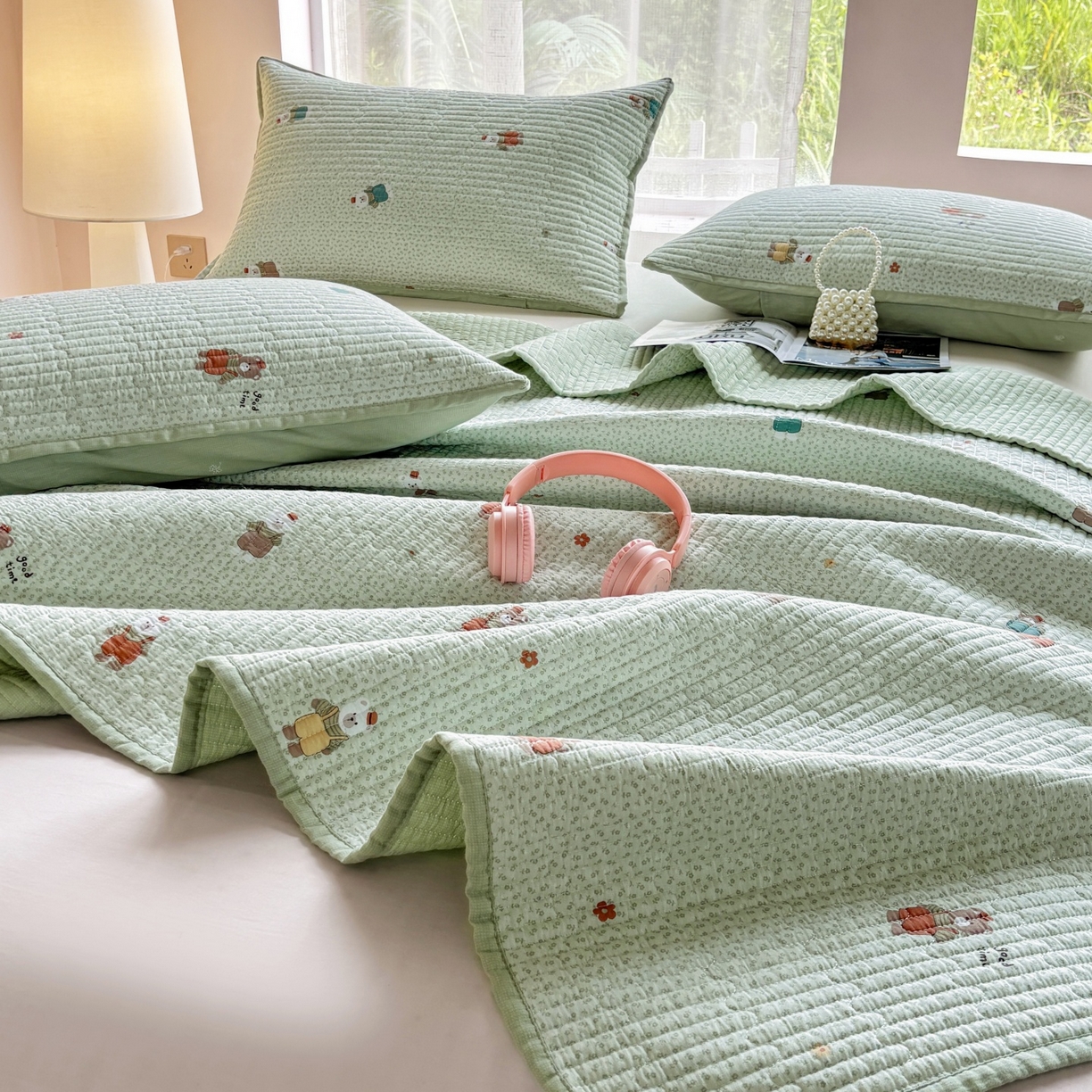 91家纺网 家纺一手货源 找家纺 金艾草 2025新款双面纯棉高温水洗床盖三件套 玩偶小熊-绿