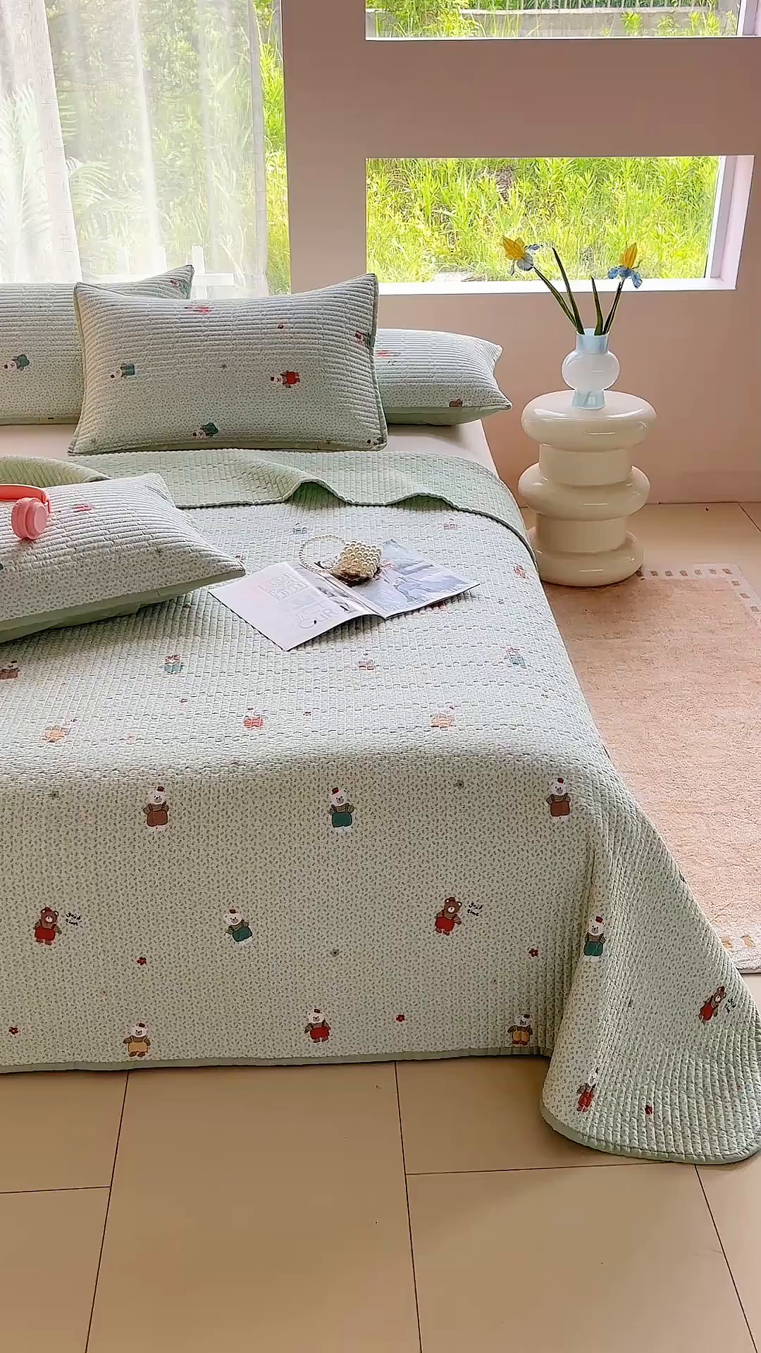 91家纺网 家纺一手货源 找家纺 金艾草 2025新款双面纯棉高温水洗床盖三件套 玩偶小熊-绿