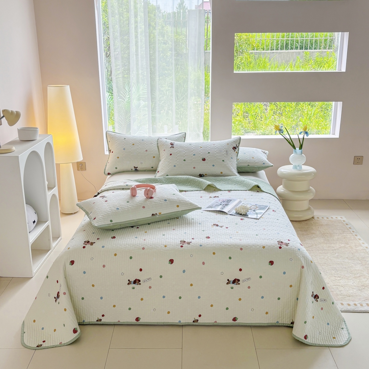 91家纺网 家纺一手货源 找家纺 金艾草 2025新款双面纯棉高温水洗床盖三件套 香肠狗