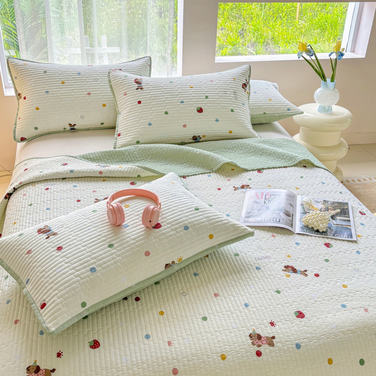 91家纺网 家纺一手货源 找家纺 金艾草 2025新款双面纯棉高温水洗床盖三件套 香肠狗