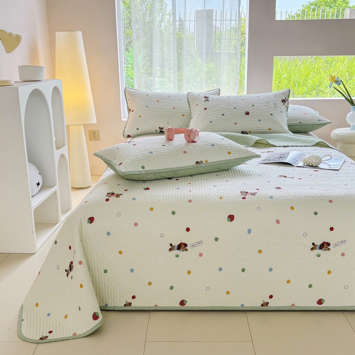 91家纺网 家纺一手货源 找家纺 金艾草 2025新款双面纯棉高温水洗床盖三件套 香肠狗