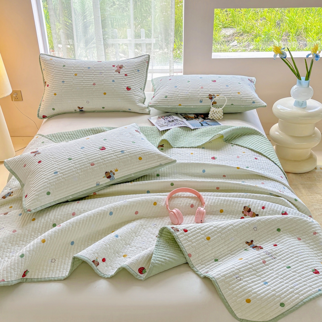 91家纺网 家纺一手货源 找家纺 金艾草 2025新款双面纯棉高温水洗床盖三件套 香肠狗