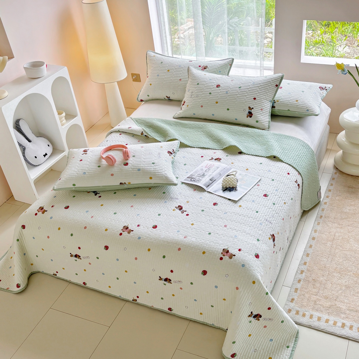 91家纺网 家纺一手货源 找家纺 金艾草 2025新款双面纯棉高温水洗床盖三件套 香肠狗