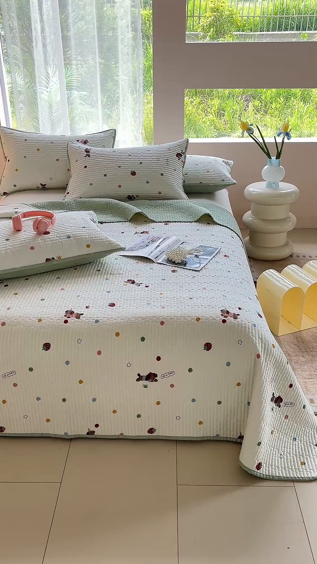 91家纺网 家纺一手货源 找家纺 金艾草 2025新款双面纯棉高温水洗床盖三件套 香肠狗