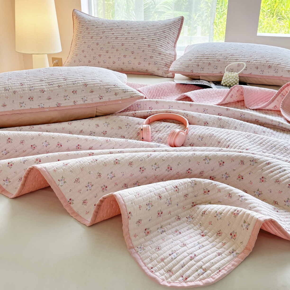 91家纺网 家纺一手货源 找家纺 金艾草 2025新款双面纯棉高温水洗床盖三件套 小花-粉