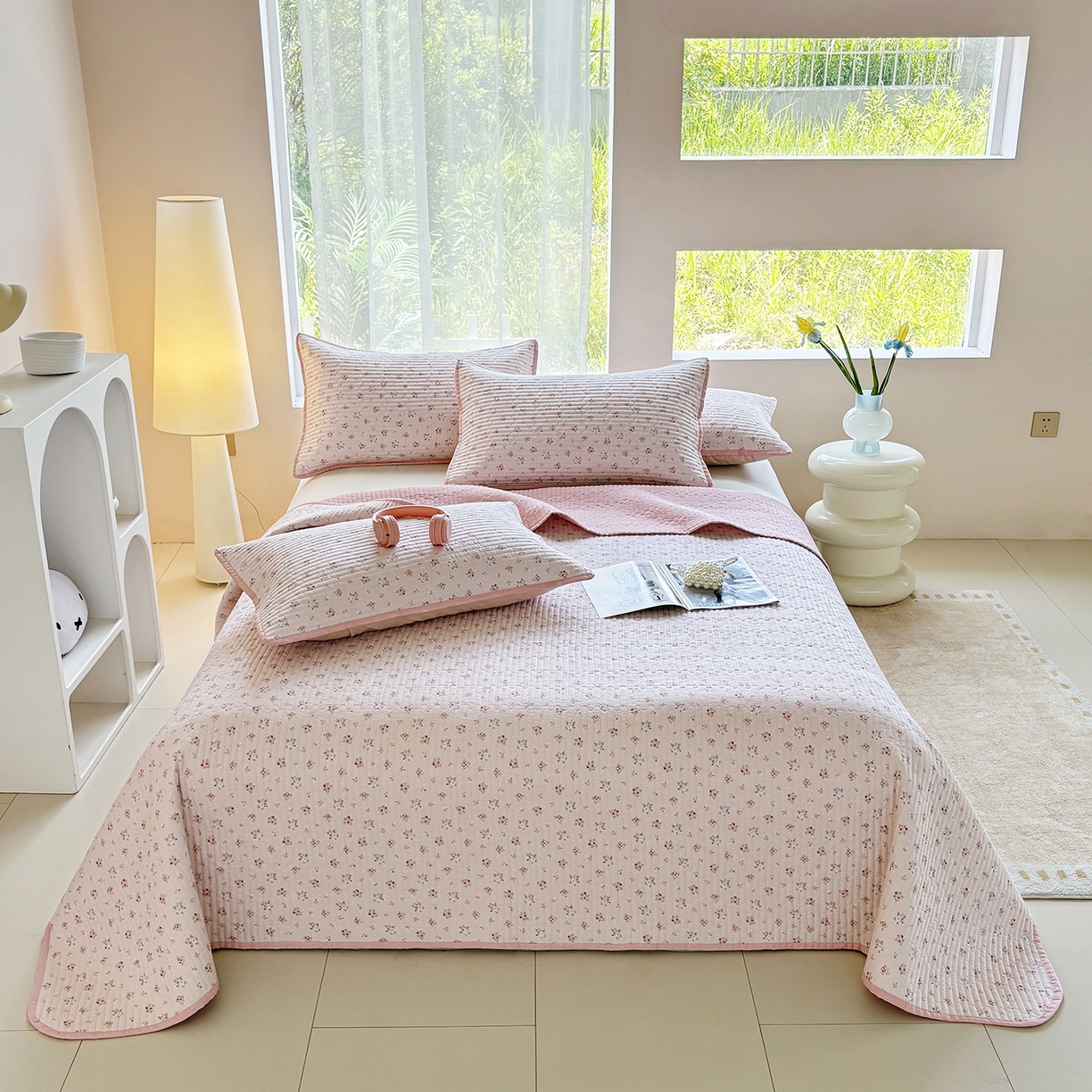 91家纺网 家纺一手货源 找家纺 金艾草 2025新款双面纯棉高温水洗床盖三件套 小花-粉