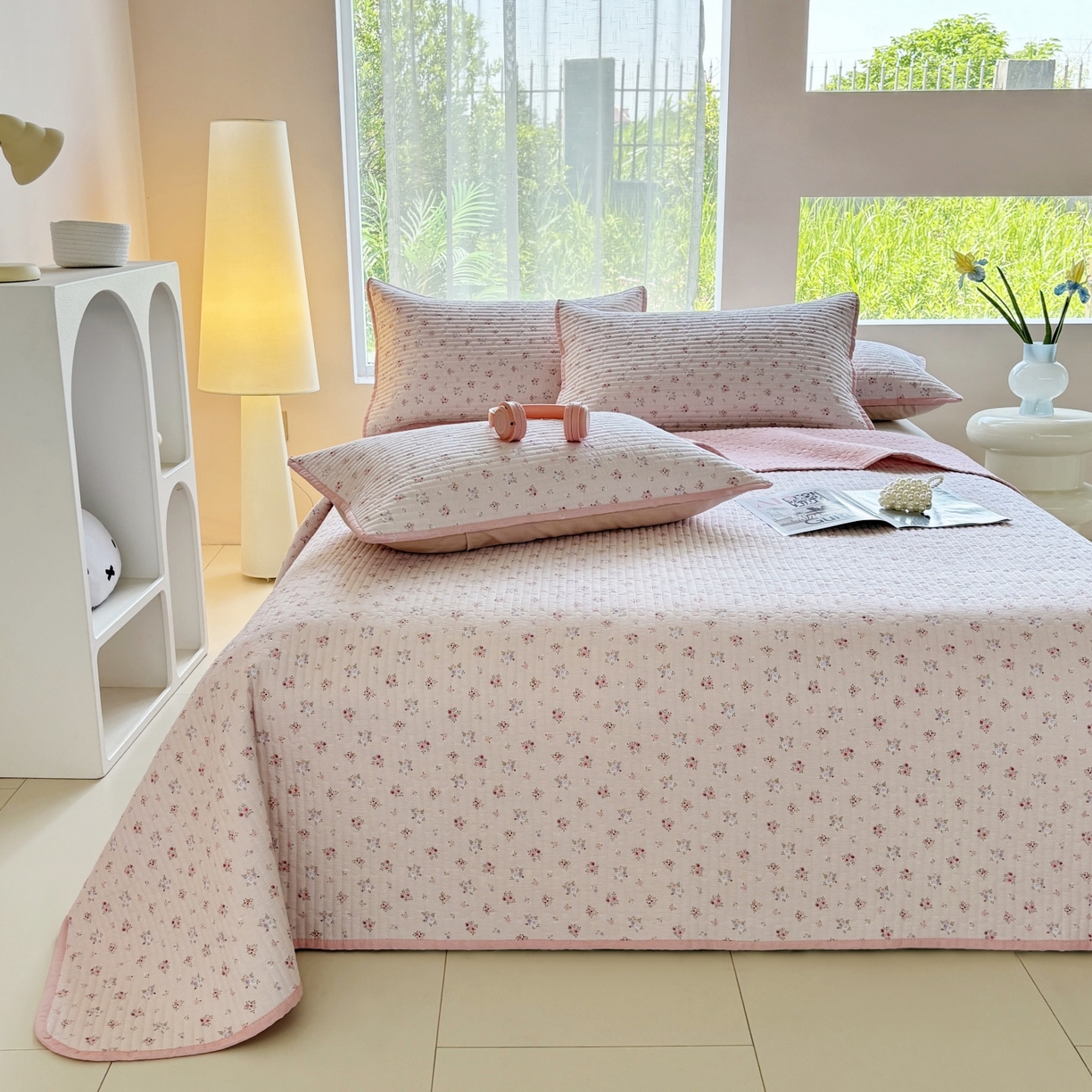 91家纺网 家纺一手货源 找家纺 金艾草 2025新款双面纯棉高温水洗床盖三件套 小花-粉