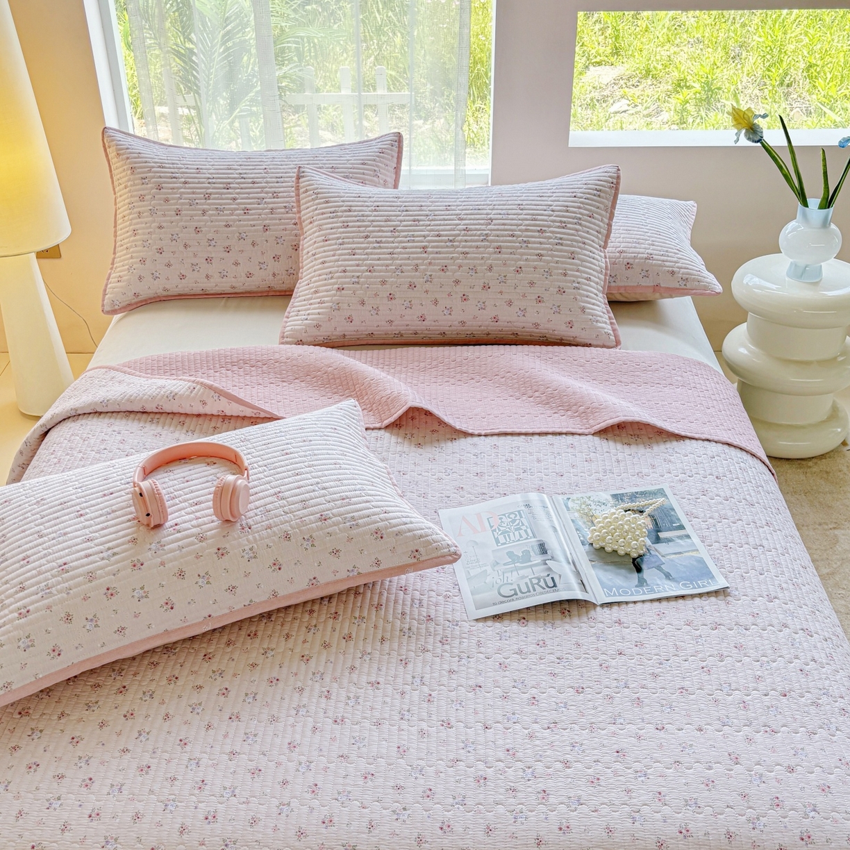 91家纺网 家纺一手货源 找家纺 金艾草 2025新款双面纯棉高温水洗床盖三件套 小花-粉