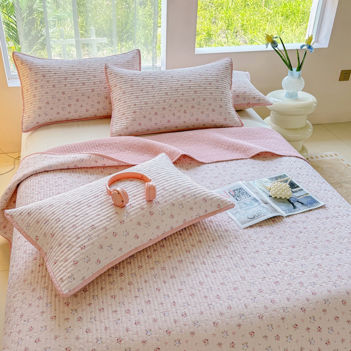 91家纺网 家纺一手货源 找家纺 金艾草 2025新款双面纯棉高温水洗床盖三件套 小花-粉