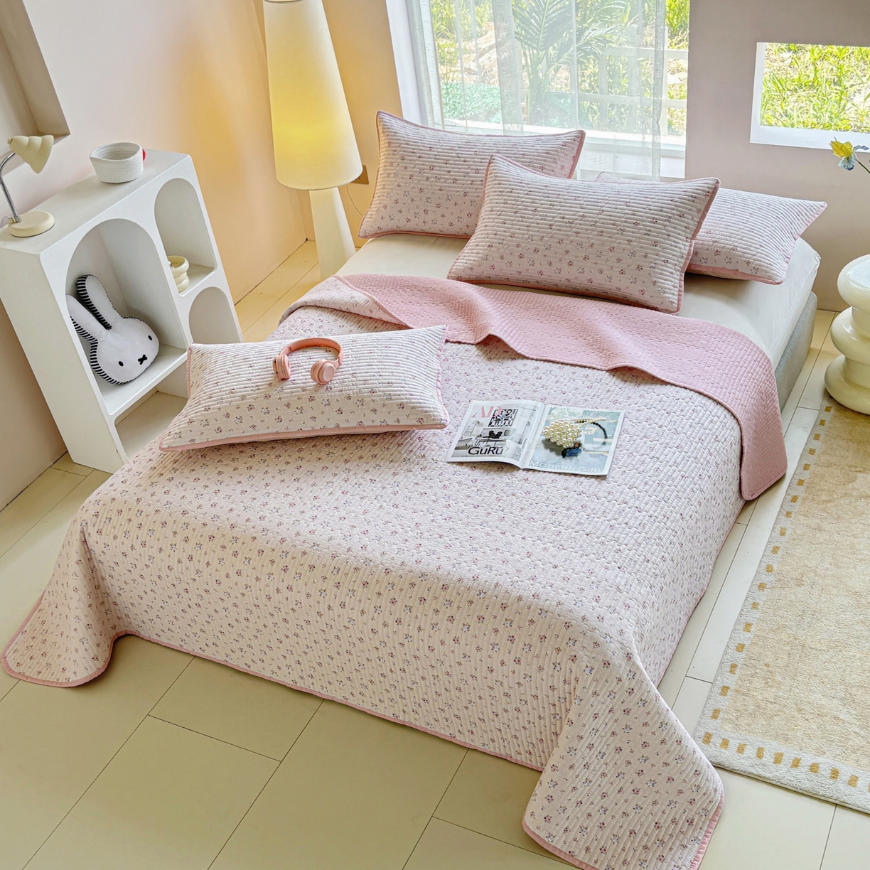 91家纺网 家纺一手货源 找家纺 金艾草 2025新款双面纯棉高温水洗床盖三件套 小花-粉