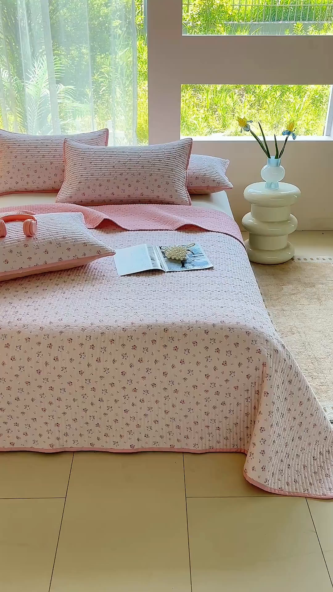 91家纺网 家纺一手货源 找家纺 金艾草 2025新款双面纯棉高温水洗床盖三件套 小花-粉