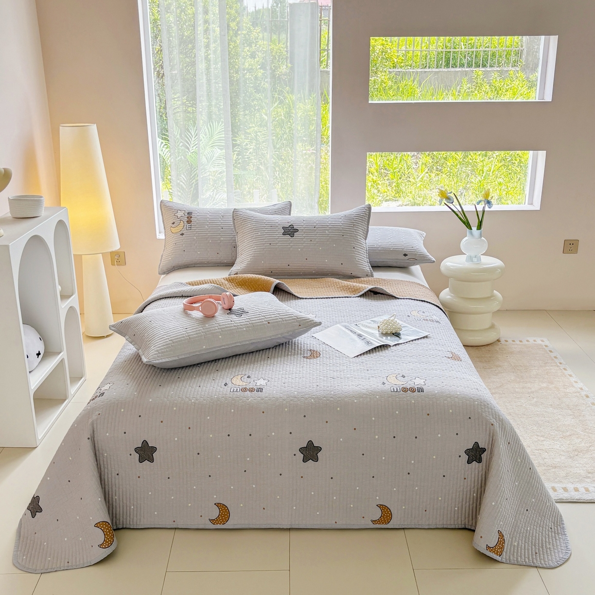 91家纺网 家纺一手货源 找家纺 金艾草 2025新款双面纯棉高温水洗床盖三件套 月亮之心