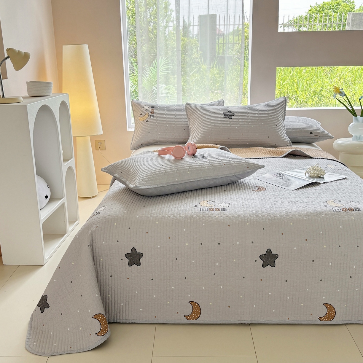 91家纺网 家纺一手货源 找家纺 金艾草 2025新款双面纯棉高温水洗床盖三件套 月亮之心