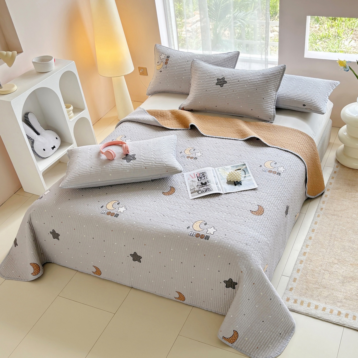 91家纺网 家纺一手货源 找家纺 金艾草 2025新款双面纯棉高温水洗床盖三件套 月亮之心