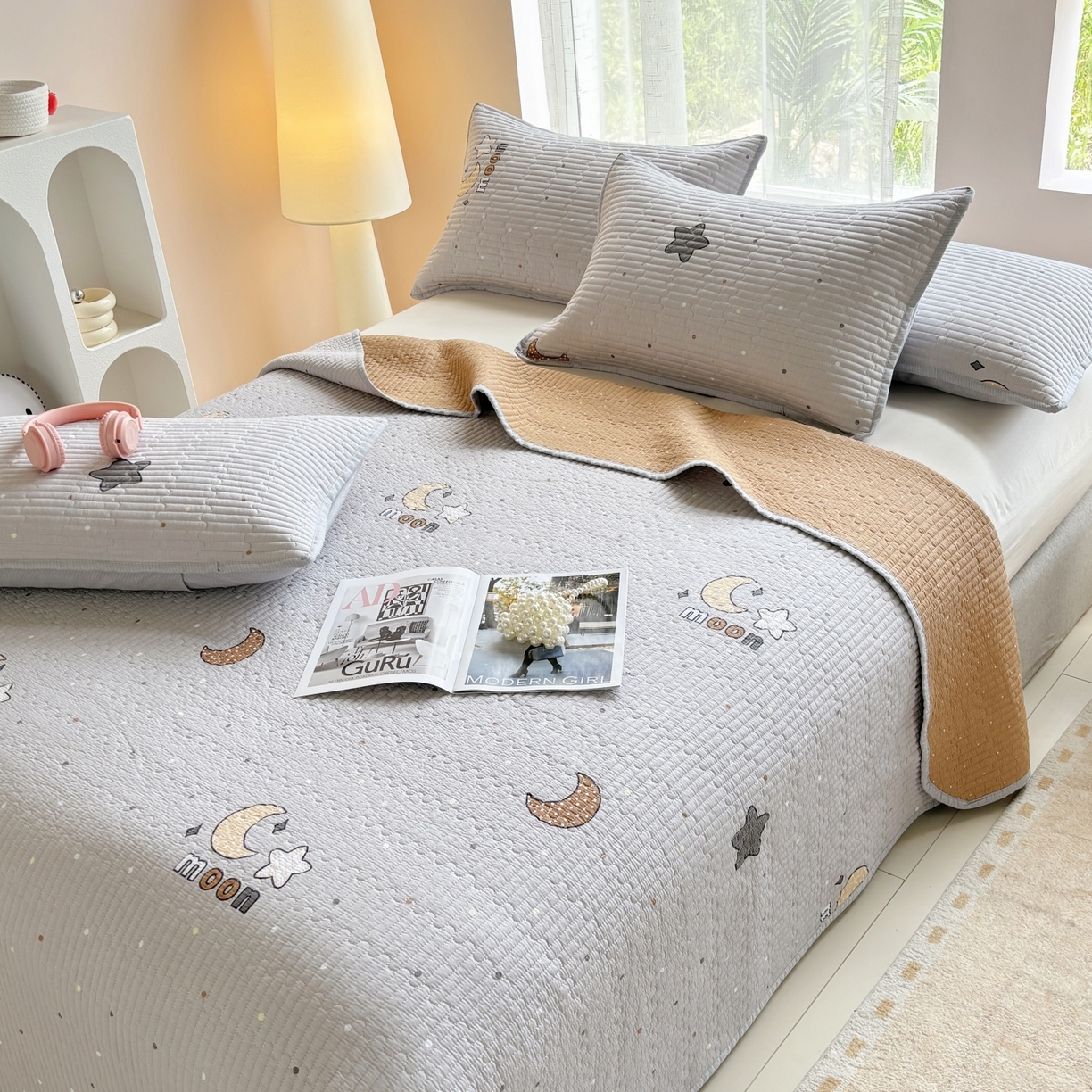 91家纺网 家纺一手货源 找家纺 金艾草 2025新款双面纯棉高温水洗床盖三件套 月亮之心