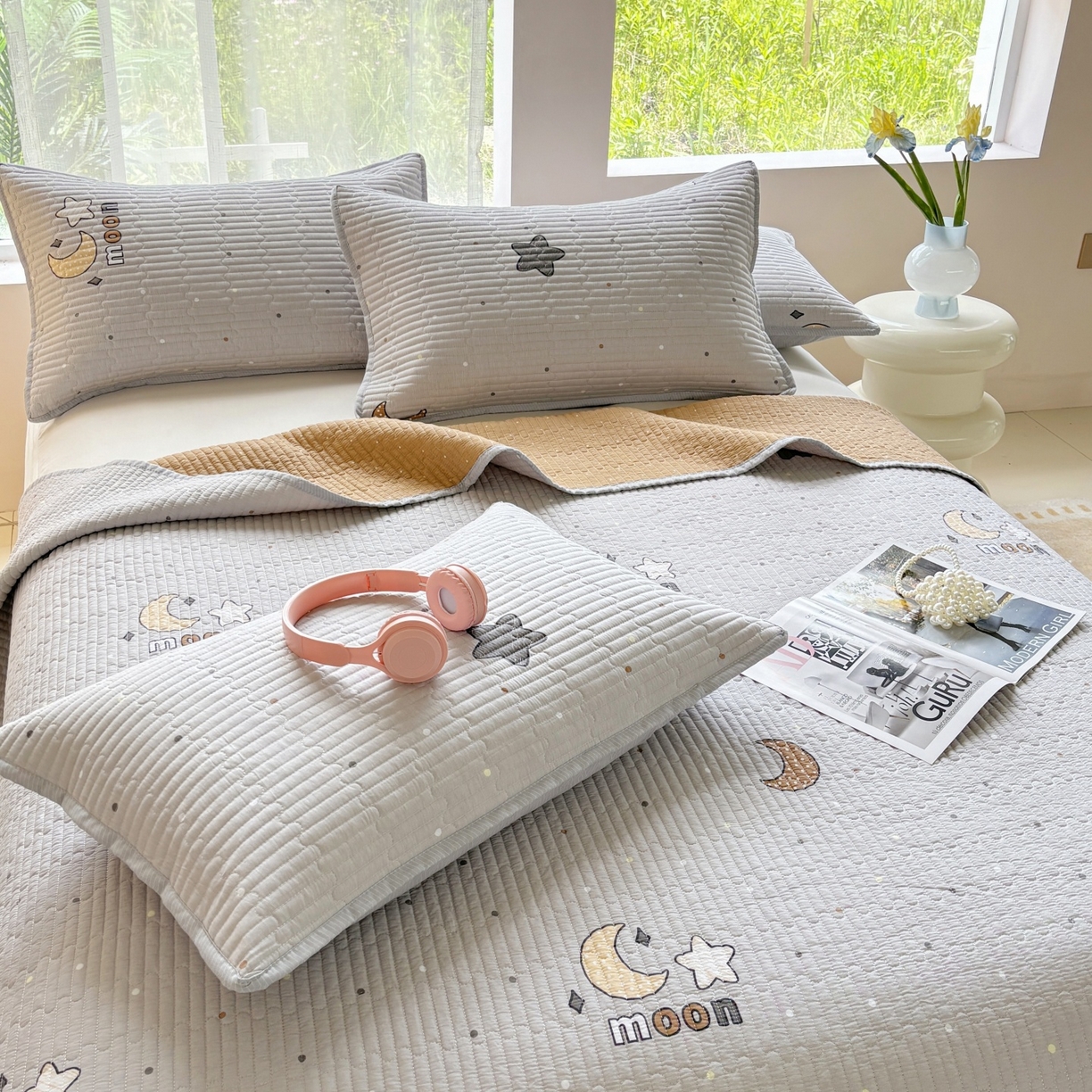 91家纺网 家纺一手货源 找家纺 金艾草 2025新款双面纯棉高温水洗床盖三件套 月亮之心