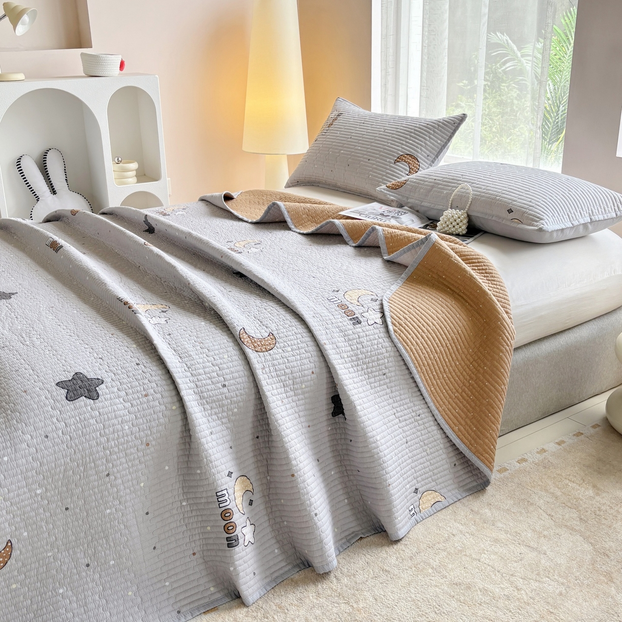 91家纺网 家纺一手货源 找家纺 金艾草 2025新款双面纯棉高温水洗床盖三件套 月亮之心