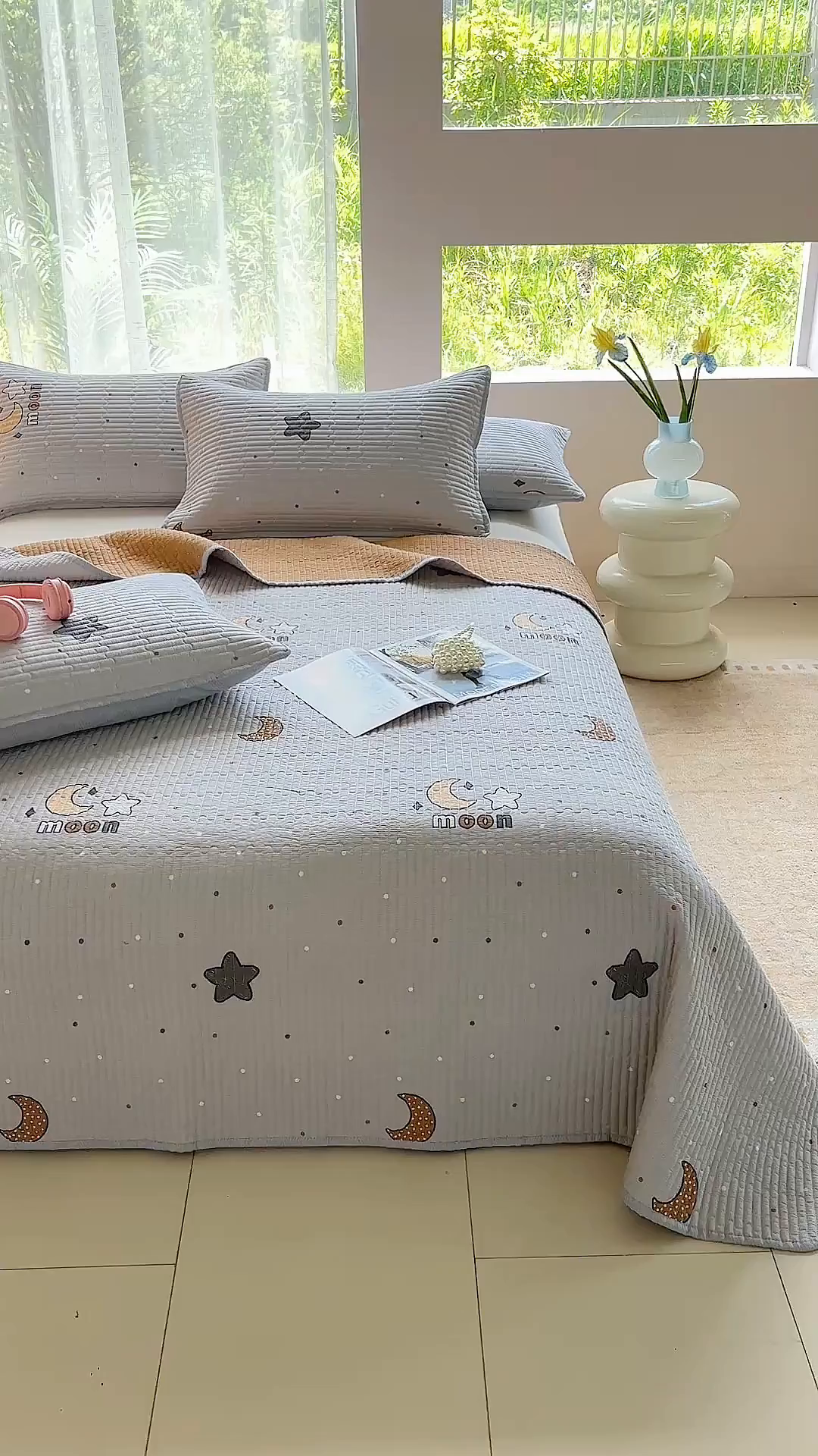 91家纺网 家纺一手货源 找家纺 金艾草 2025新款双面纯棉高温水洗床盖三件套 月亮之心