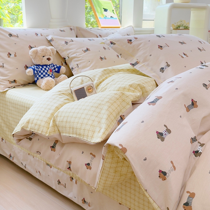 铭博家纺 2025新款直播爆款100%全棉吊边一字绣工艺款13070印花全棉四件套 无忧腊肠