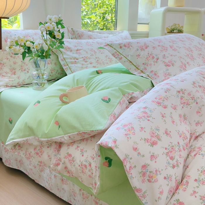 铭博家纺 2025新款直播爆款100%全棉吊边一字绣工艺款13070印花全棉四件套  韶棠-浅