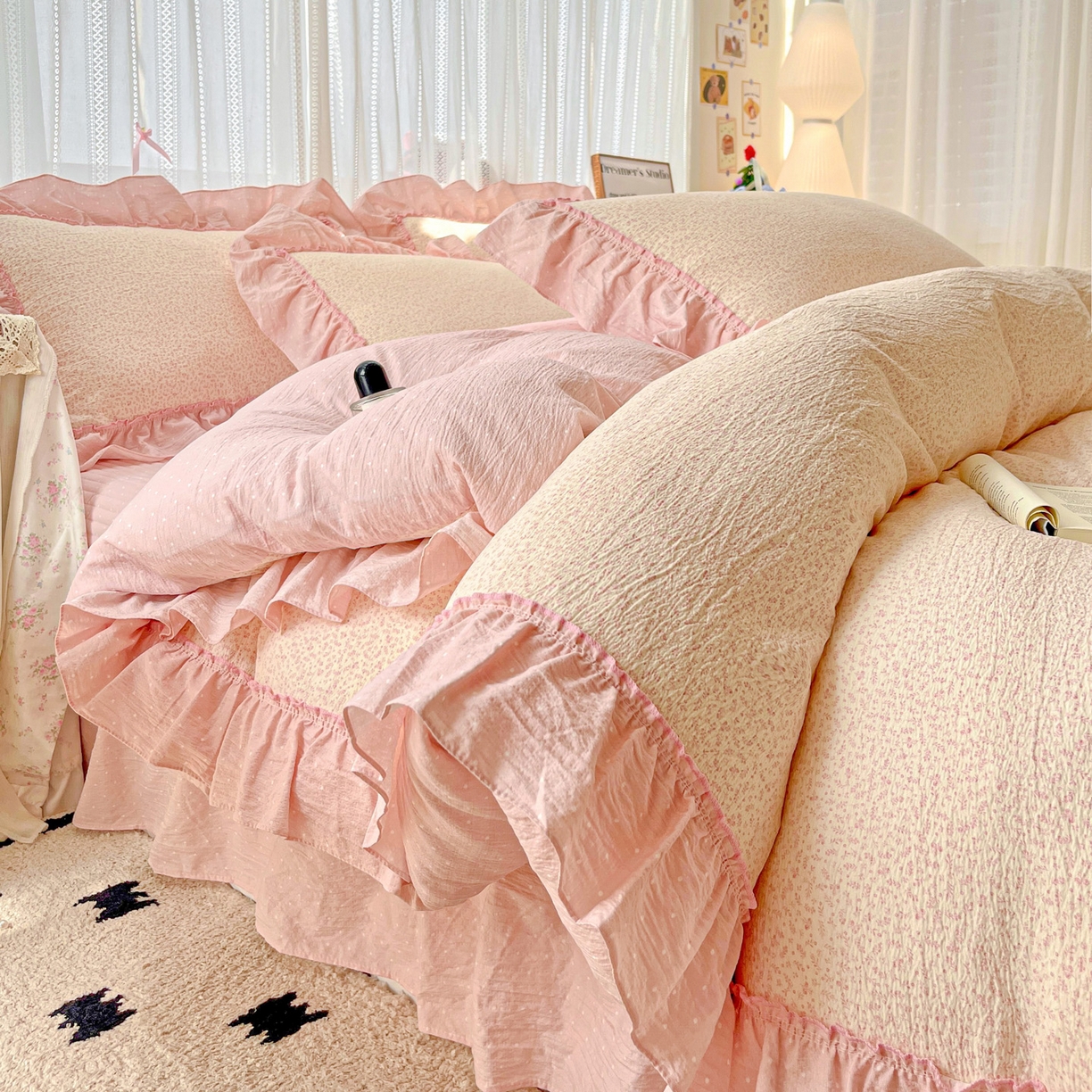 2025秋冬加厚款云感亲肤棉邹邹纱床盖床裙四件套-仙美密拷花边 波点女王-蔷薇粉