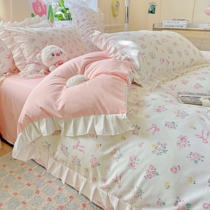 91家纺网 家纺一手货源 找家纺 （总）雨菲家纺 2025新款学生季小清新公主风荷叶花边印花三件套四件套床单床笠款