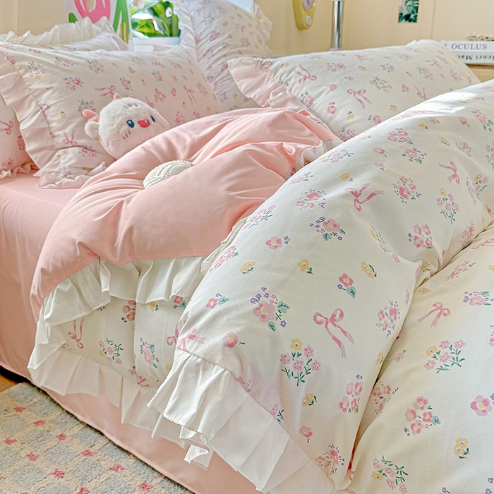 91家纺网 家纺一手货源 找家纺 （总）雨菲家纺 2025新款学生季小清新公主风荷叶花边印花三件套四件套床单床笠款