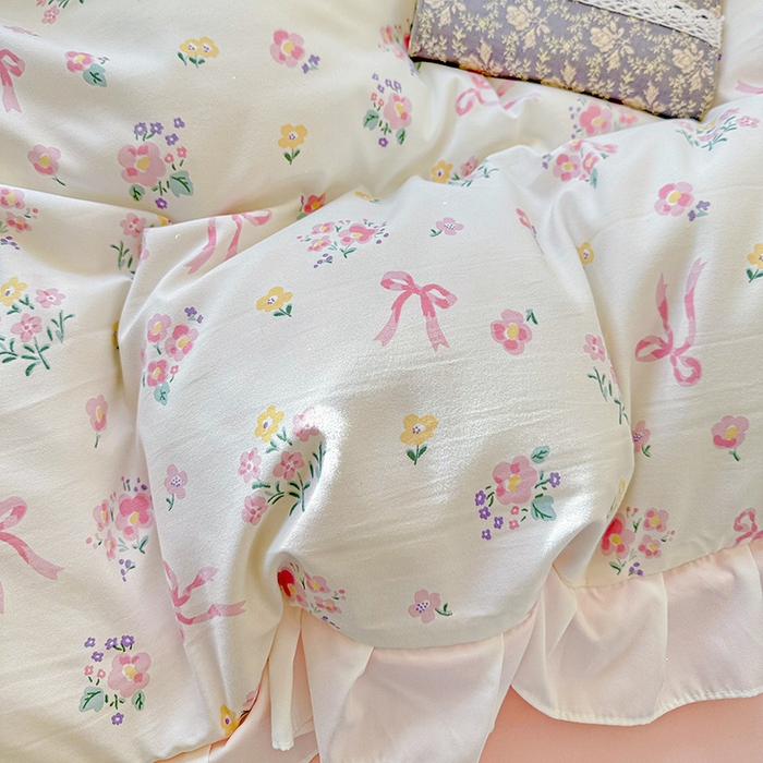 91家纺网 家纺一手货源 找家纺 （总）雨菲家纺 2025新款学生季小清新公主风荷叶花边印花三件套四件套床单床笠款