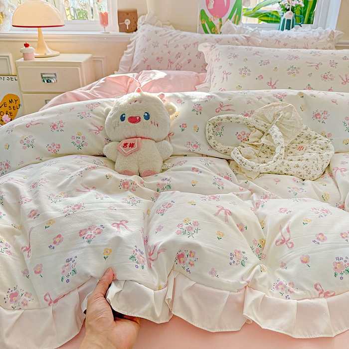 91家纺网 家纺一手货源 找家纺 （总）雨菲家纺 2025新款学生季小清新公主风荷叶花边印花三件套四件套床单床笠款