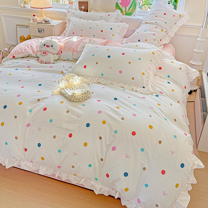 91家纺网 家纺一手货源 找家纺 （总）雨菲家纺 2025新款学生季小清新公主风荷叶花边印花三件套四件套床单床笠款