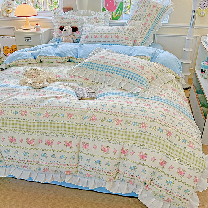 91家纺网 家纺一手货源 找家纺 （总）雨菲家纺 2025新款学生季小清新公主风荷叶花边印花三件套四件套床单床笠款