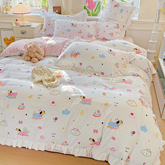 91家纺网 家纺一手货源 找家纺 （总）雨菲家纺 2025新款学生季小清新公主风荷叶花边印花三件套四件套床单床笠款