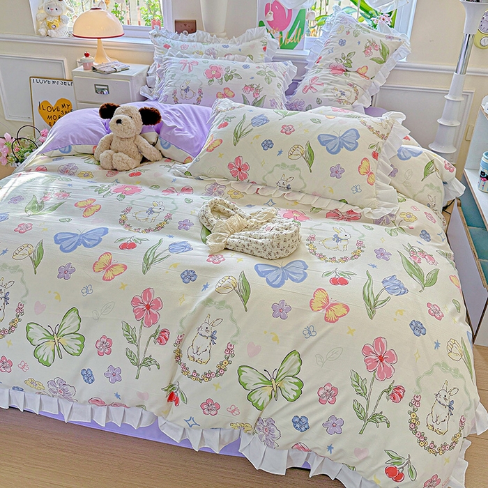 91家纺网 家纺一手货源 找家纺 （总）雨菲家纺 2025新款学生季小清新公主风荷叶花边印花三件套四件套床单床笠款