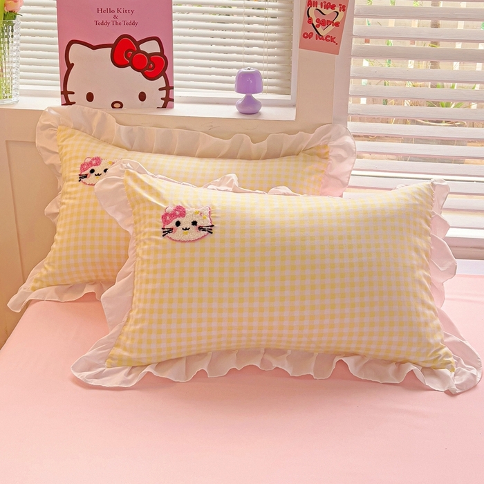 雨菲家纺 2025新款学生季小清新公主风荷叶花边印花单枕套单件枕套单品枕套 格子黄