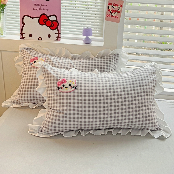 雨菲家纺 2025新款学生季小清新公主风荷叶花边印花单枕套单件枕套单品枕套 格子灰