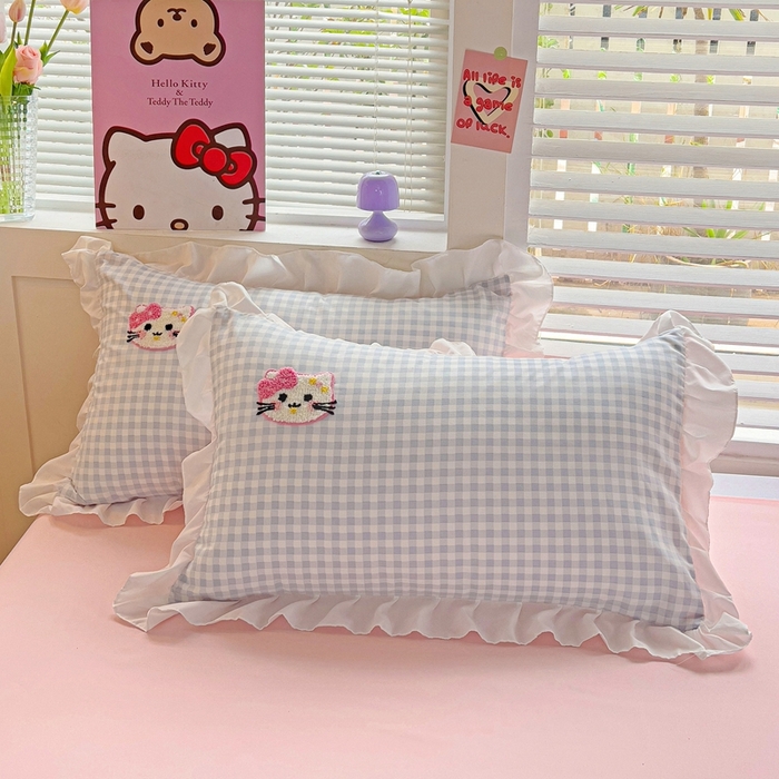 雨菲家纺 2025新款学生季小清新公主风荷叶花边印花单枕套单件枕套单品枕套 格子蓝