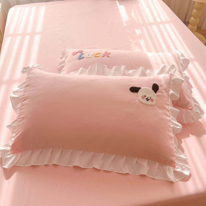 雨菲家纺 2025新款学生季小清新公主风荷叶花边印花单枕套单件枕套单品枕套 开心狗粉