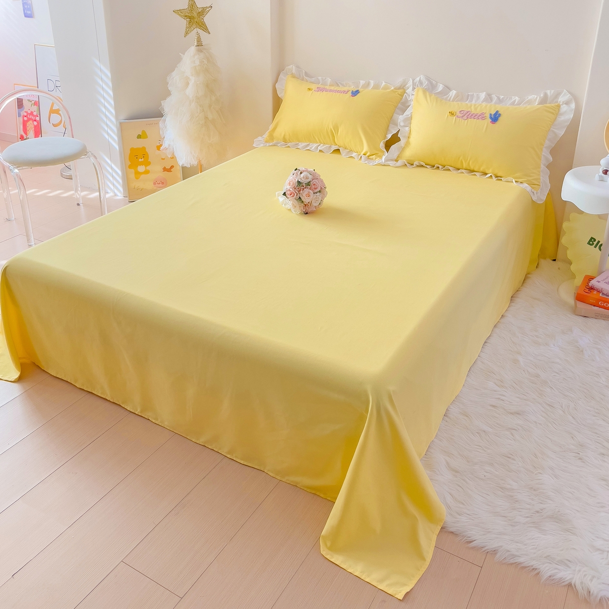 雨菲家纺 2025新款学生季小清新公主风荷叶花边印花单床单单件床单单品床单 鹅黄