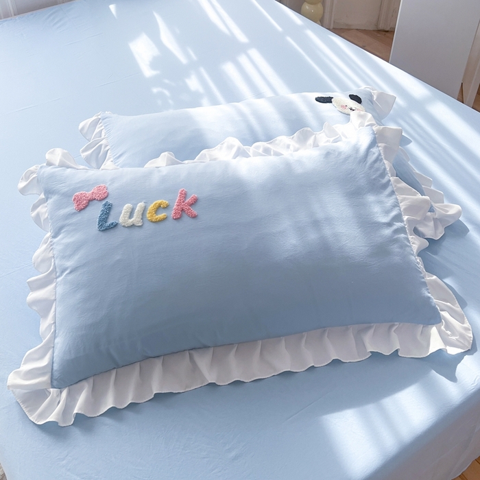 雨菲家纺 2025新款学生季小清新公主风荷叶花边印花单枕套单件枕套单品枕套 开心狗蓝