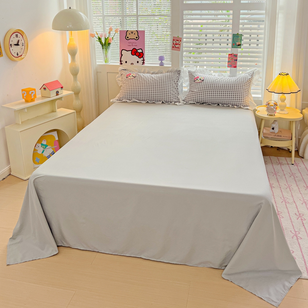 雨菲家纺 2025新款学生季小清新公主风荷叶花边印花单床单单件床单单品床单 浅灰