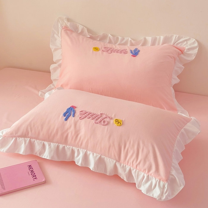 雨菲家纺 2025新款学生季小清新公主风荷叶花边印花单枕套单件枕套单品枕套 美人鱼粉