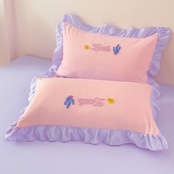 雨菲家纺 2025新款学生季小清新公主风荷叶花边印花单枕套单件枕套单品枕套 美人鱼粉紫