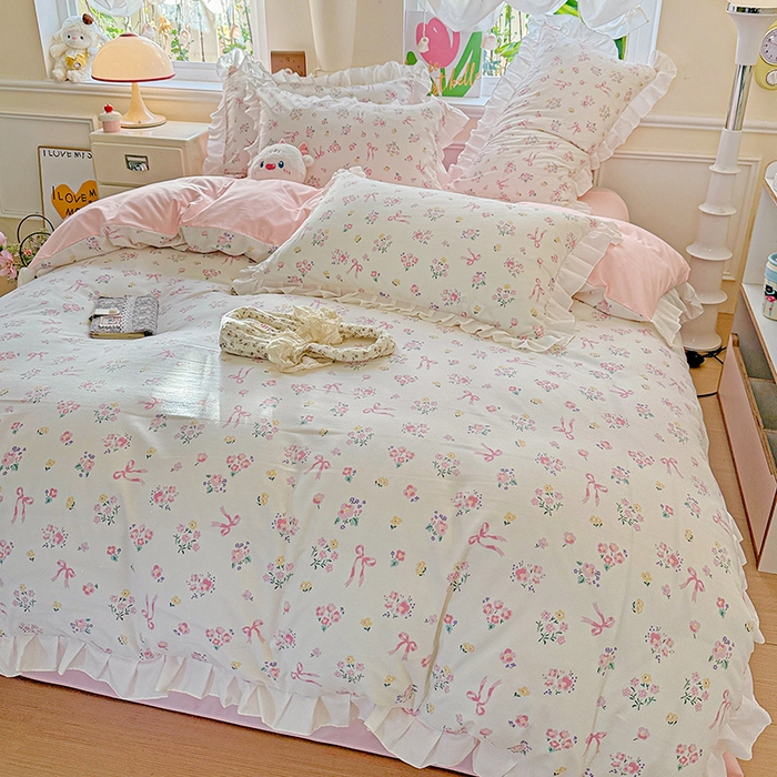 雨菲家纺 2025新款学生季小清新公主风荷叶花边印花三件套四件套床单床笠款 爱恋花束