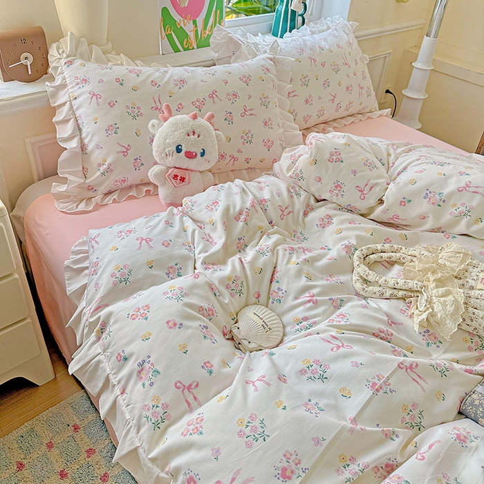 91家纺网 家纺一手货源 找家纺 雨菲家纺 2025新款学生季小清新公主风荷叶花边印花三件套四件套床单床笠款 爱恋花束